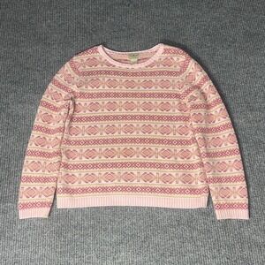 LL Bean Fair Isle Sweater Womens M Pink Cotton Knit Crewneck Long Sleeve